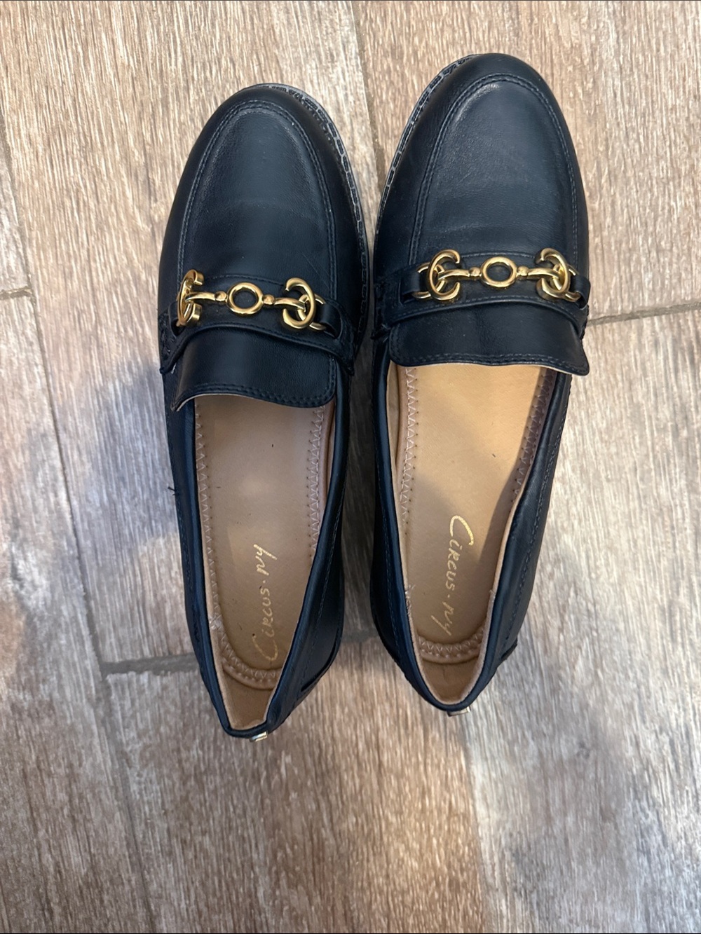 Circus by Sam Edelman Black Leather Loafers with Gold Horsebit